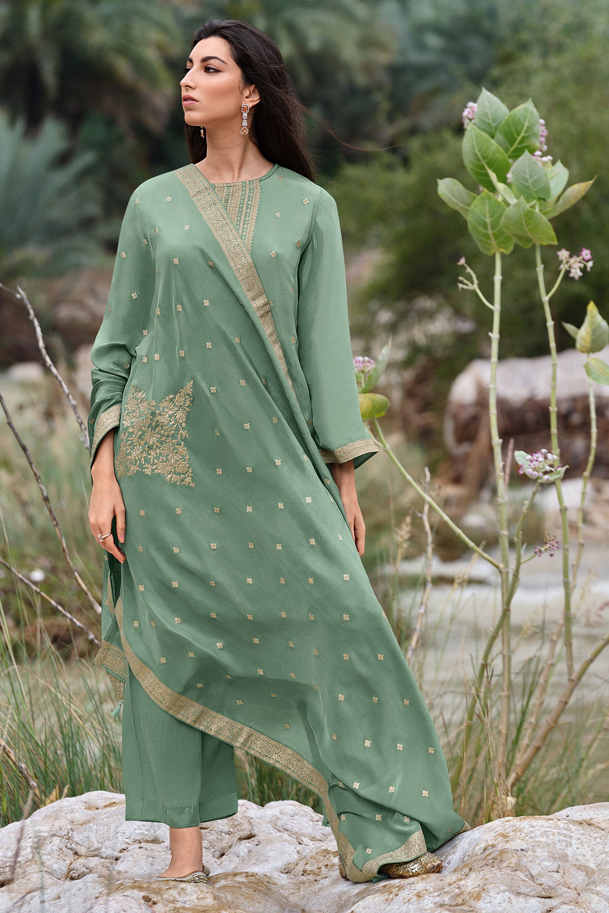 Sea Green Viscose Crepe Woven Embroidered Suit Set