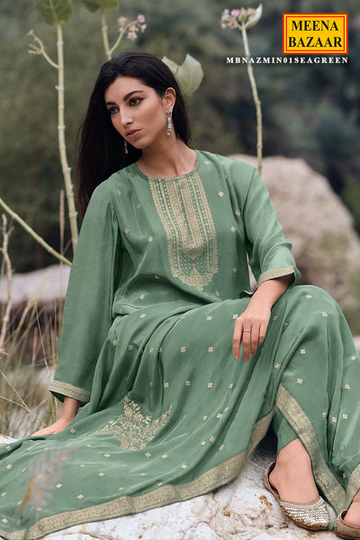 Sea Green Viscose Crepe Woven Embroidered Suit Set