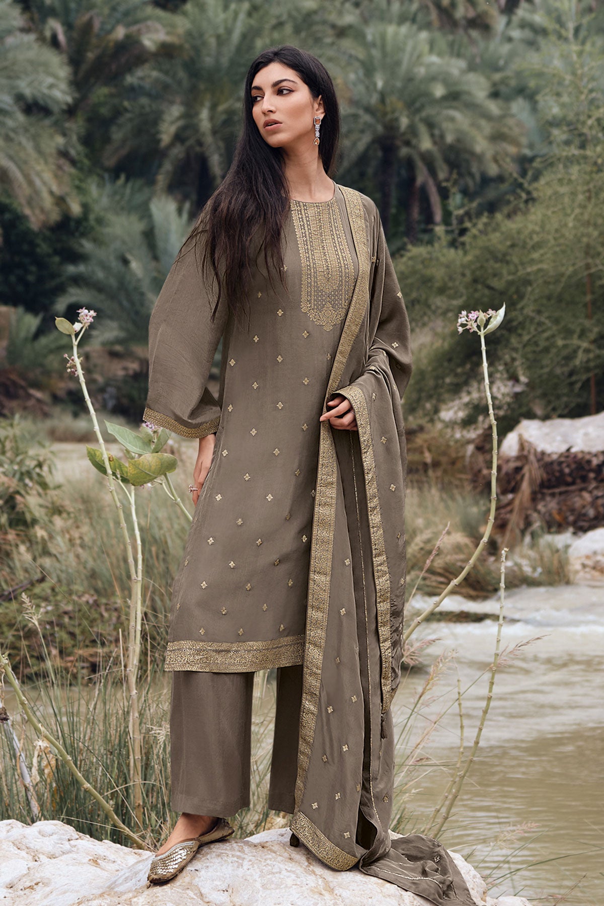 Grey Viscose Crepe Woven Embroidered Suit Set