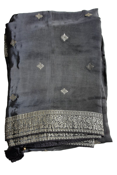 Grey Viscose Crepe Woven Embroidered Suit Set