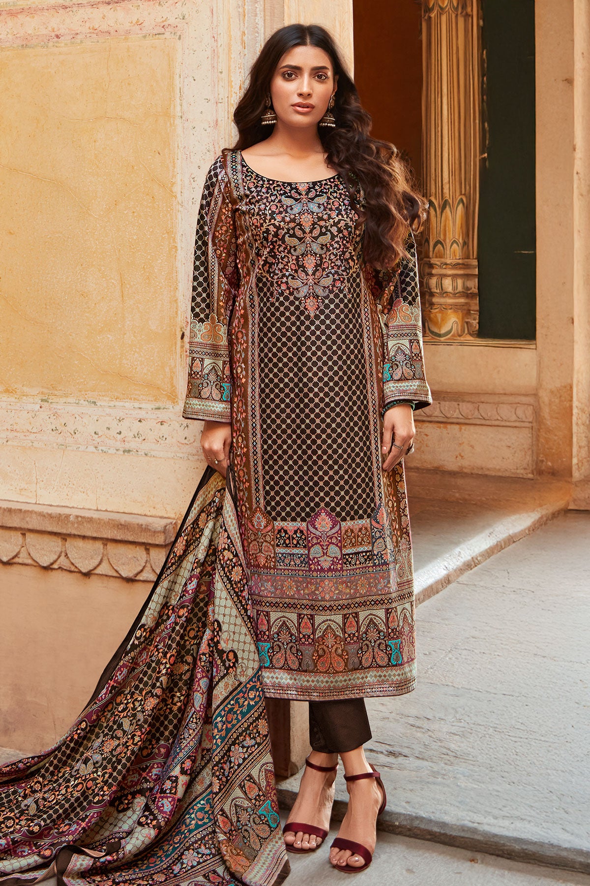 Brown Pashmina Printed Suit Set