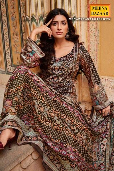 Brown Pashmina Printed Suit Set