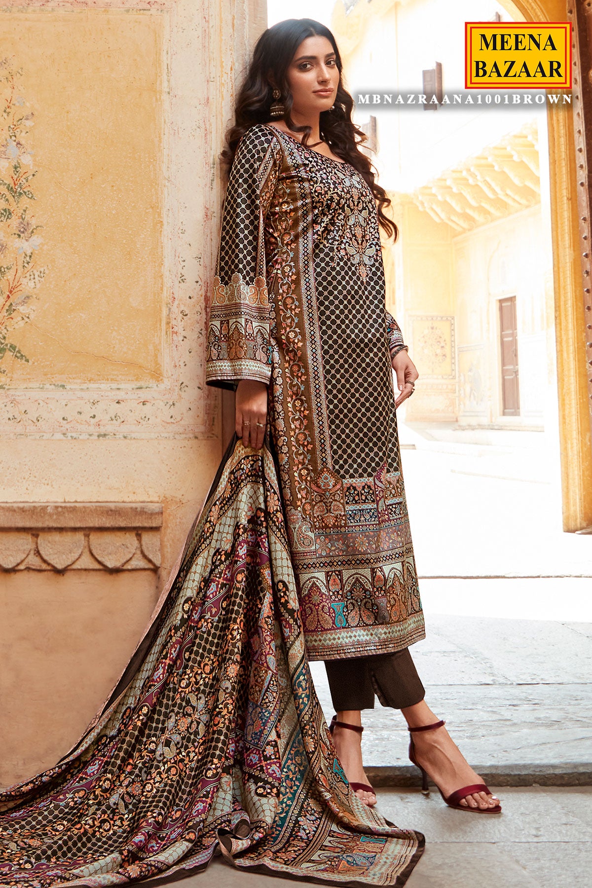 Brown Pashmina Printed Suit Set