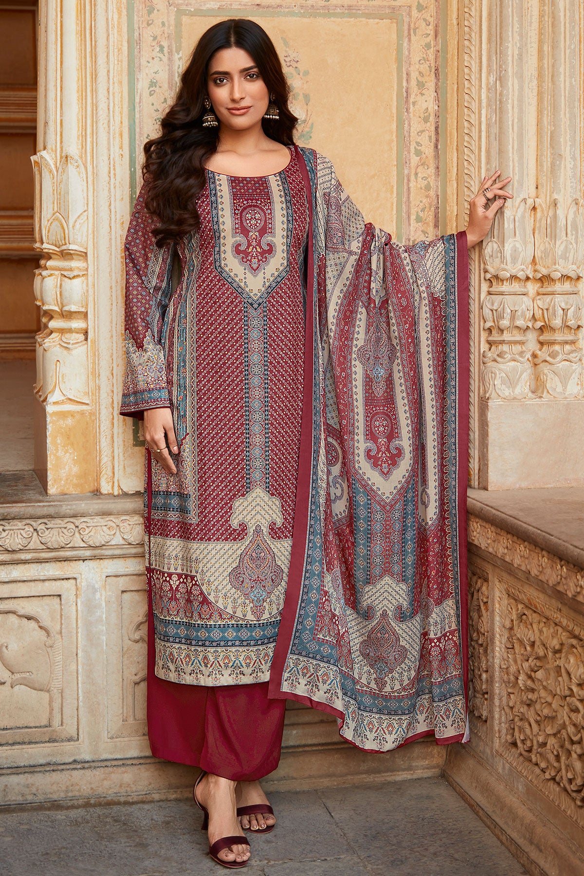 Maroon Pashmina Printed Suit Set