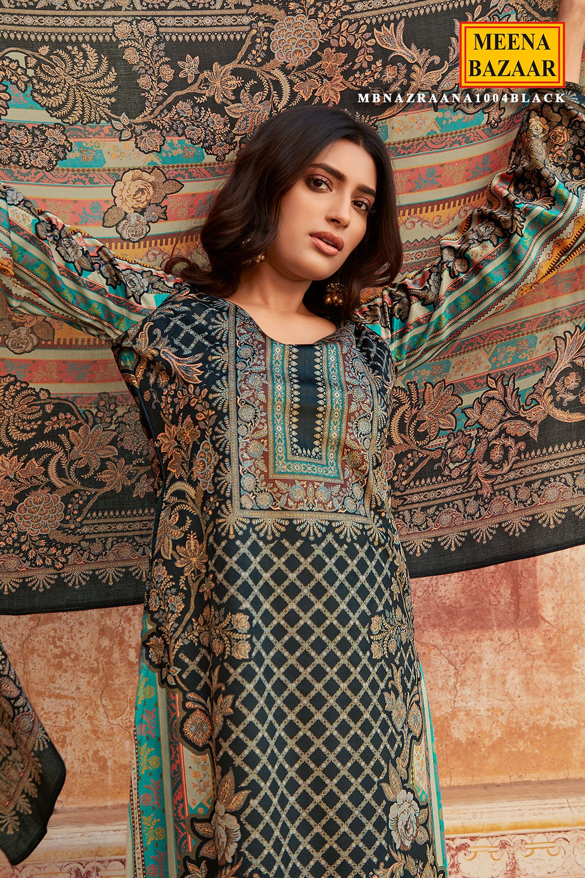 Black Pashmina Printed Suit Set