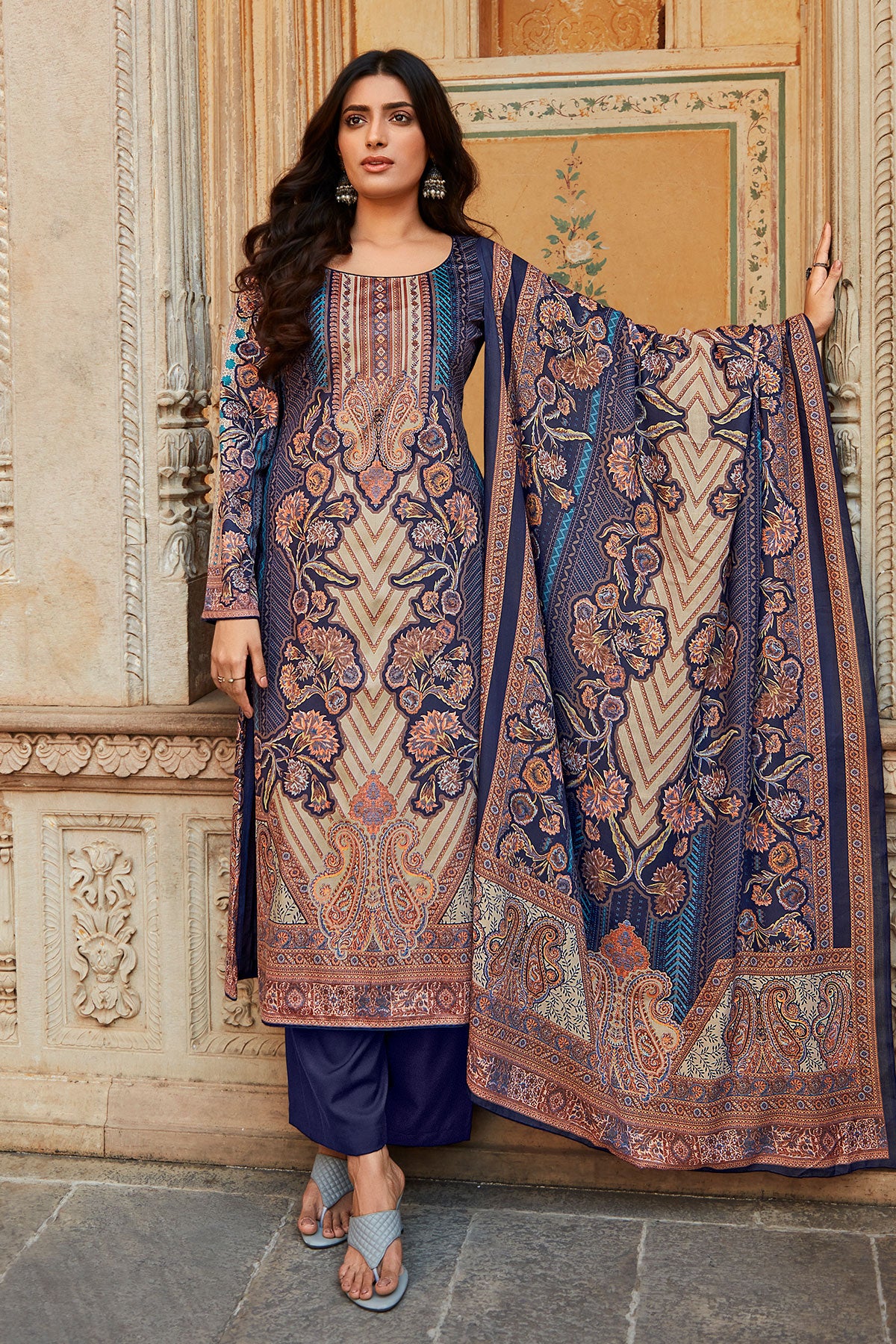 Navy Pashmina Printed Suit Set