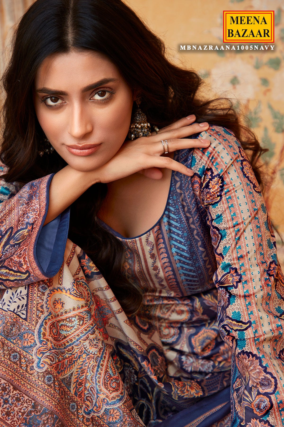 Navy Pashmina Printed Suit Set