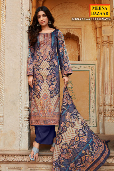 Navy Pashmina Printed Suit Set