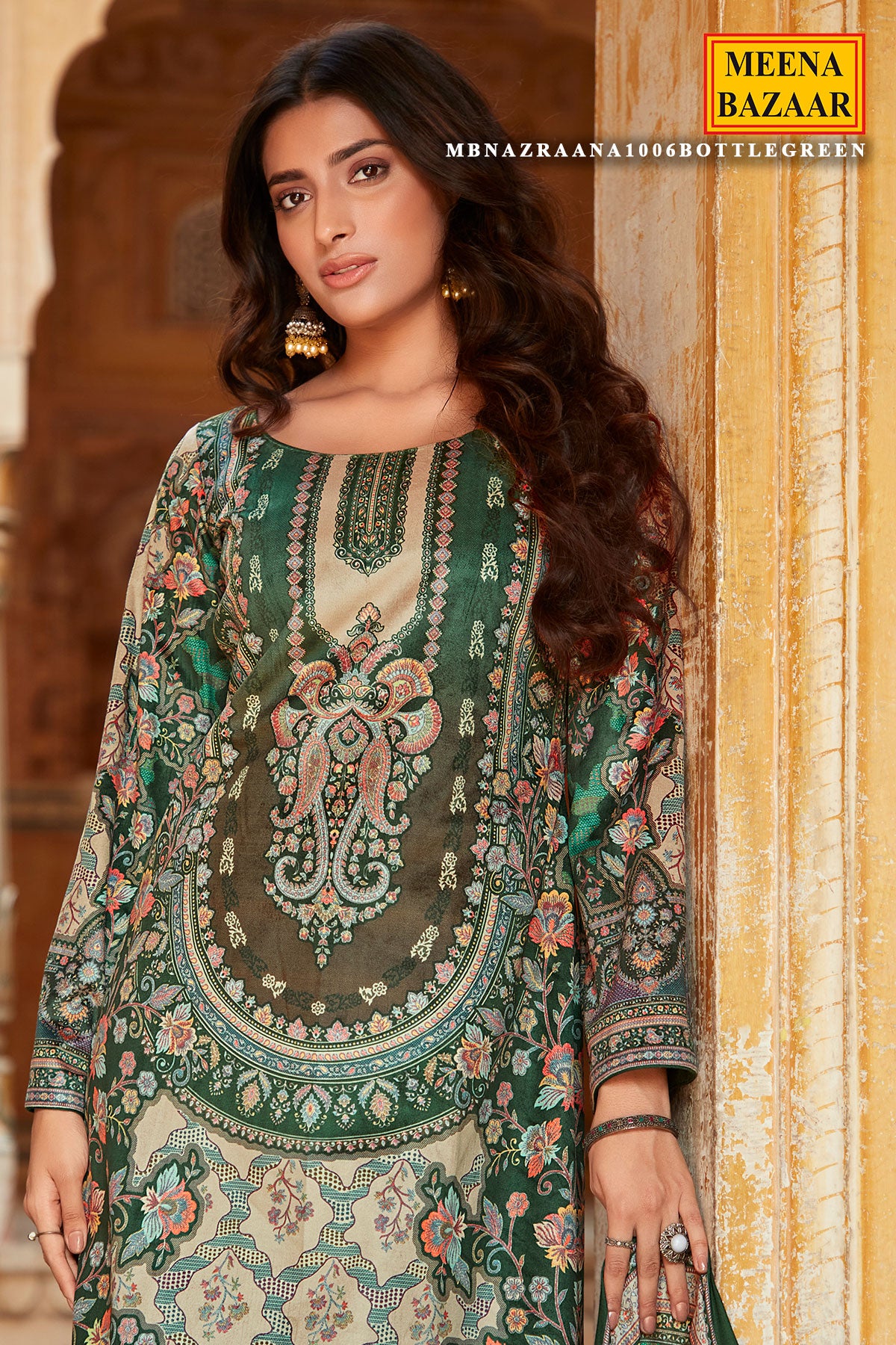 Bottle Green Pashmina Printed Suit Set