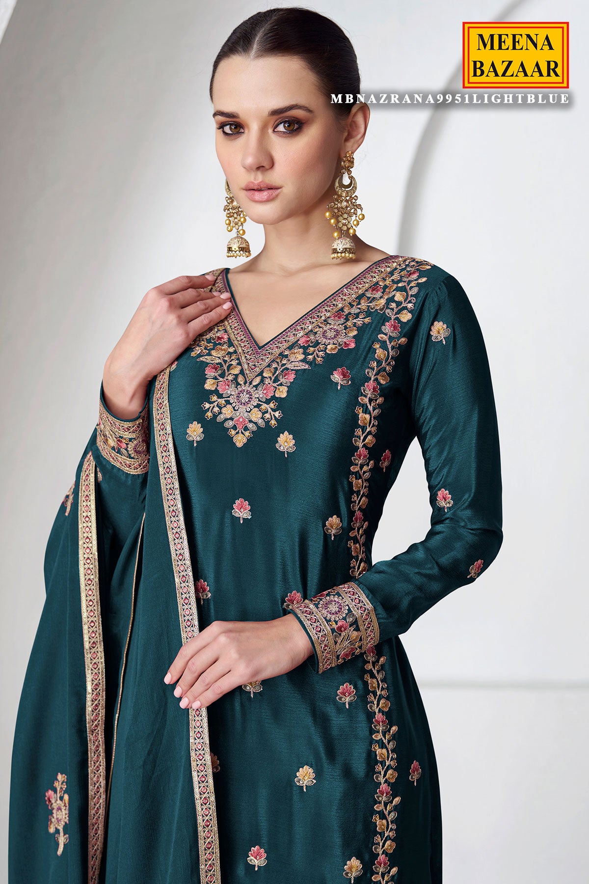 Teal Blue Chinon SIlk Sequin Embroidered Suit Set