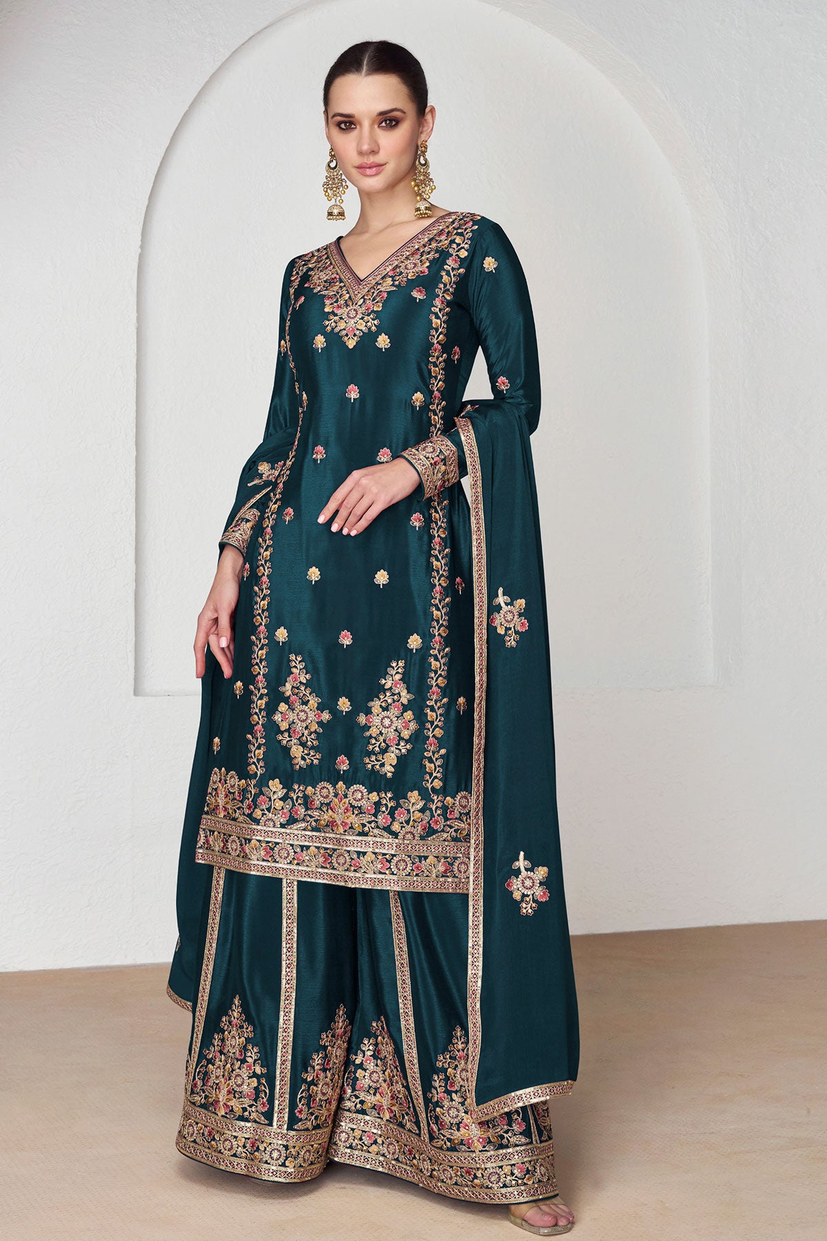 Teal Blue Chinon SIlk Sequin Embroidered Suit Set