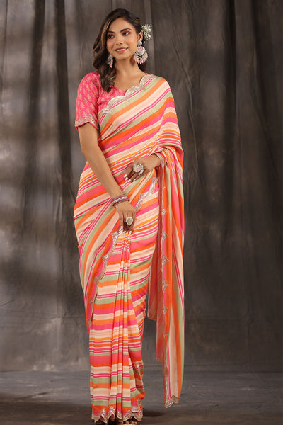 Rani Muslin Striped Prints Handwork Embroidered Saree