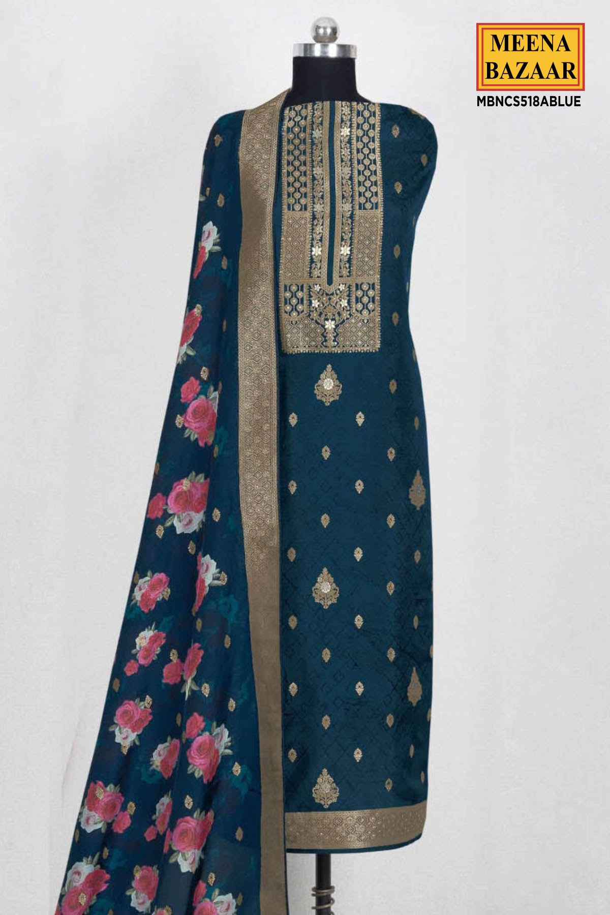 Blue Silk Zari Embroidered Weaving Unstitched Suit Set