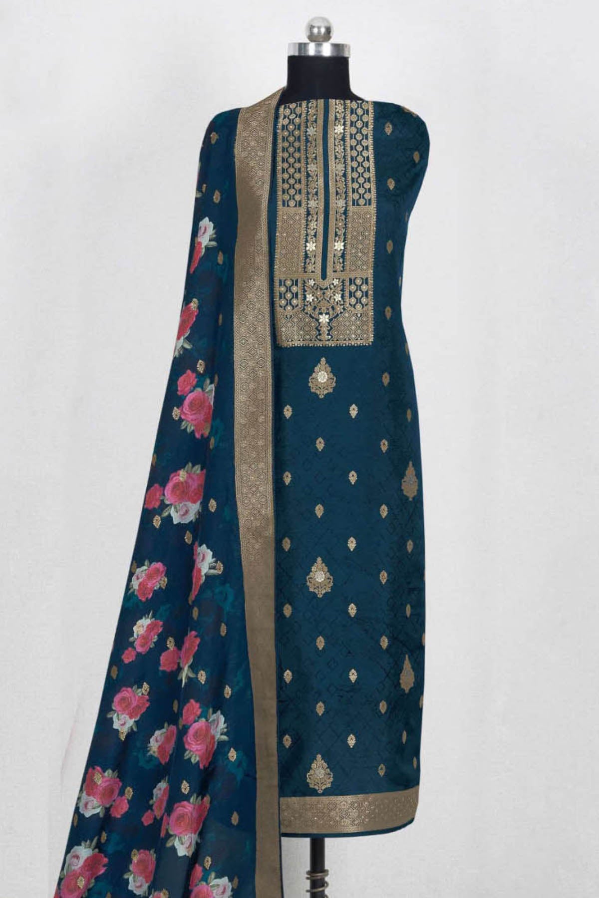 Blue Silk Zari Embroidered Weaving Unstitched Suit Set