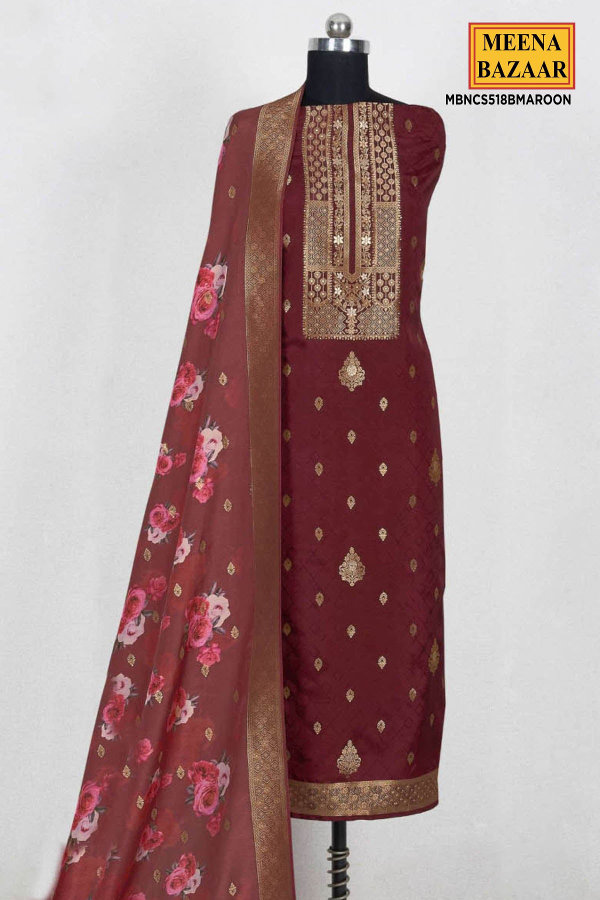 Maroon Silk Zari Embroidered Weaving Unstitched Suit Set