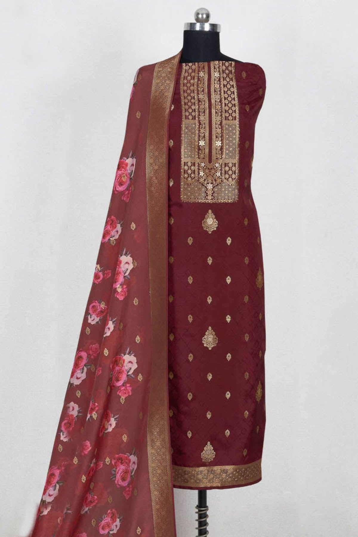 Maroon Silk Zari Embroidered Weaving Unstitched Suit Set