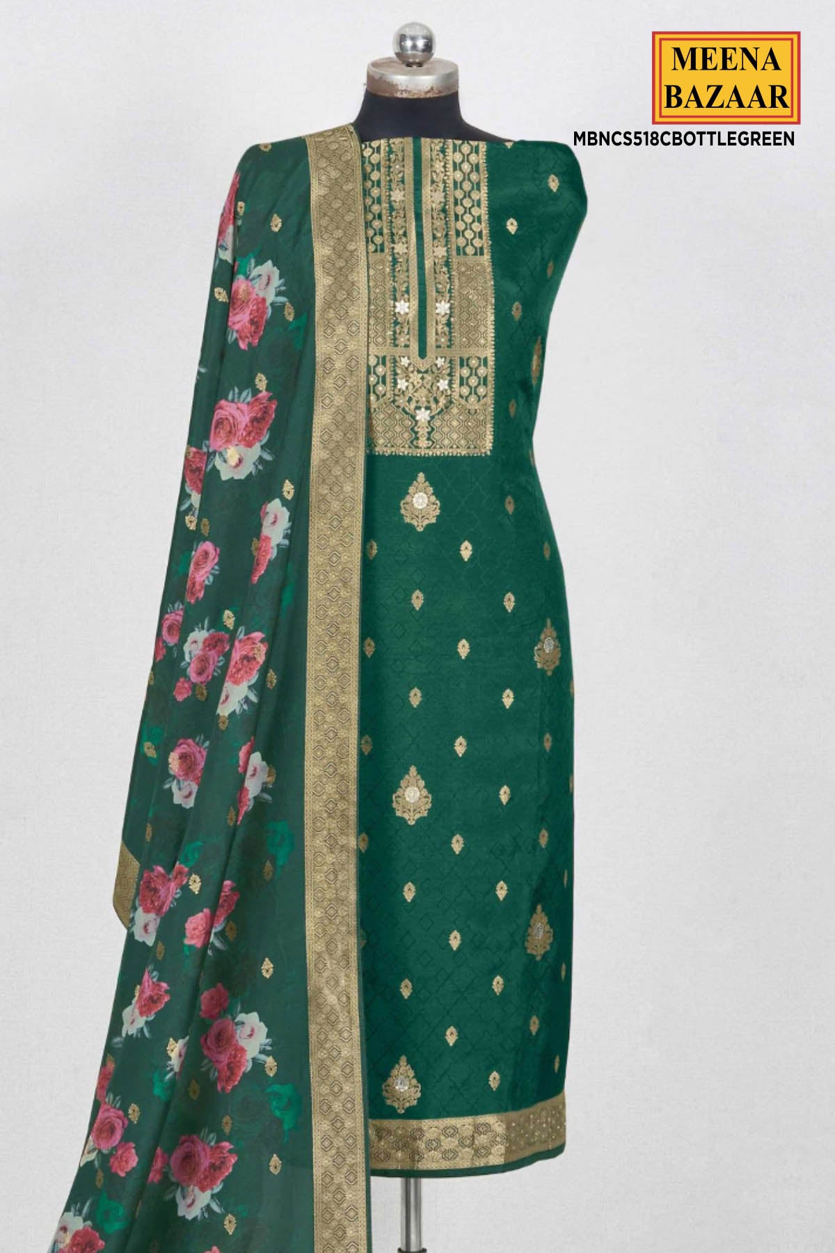 Bottle Green Silk Zari Embroidered Weaving Unstitched Suit Set