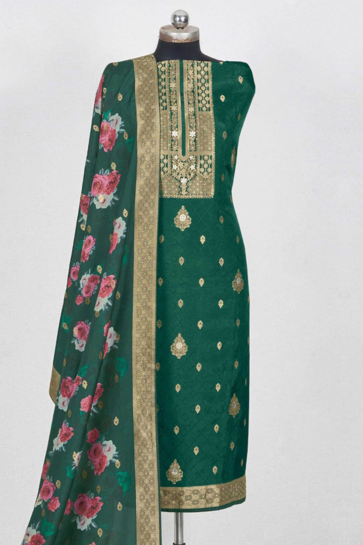 Bottle Green Silk Zari Embroidered Weaving Unstitched Suit Set