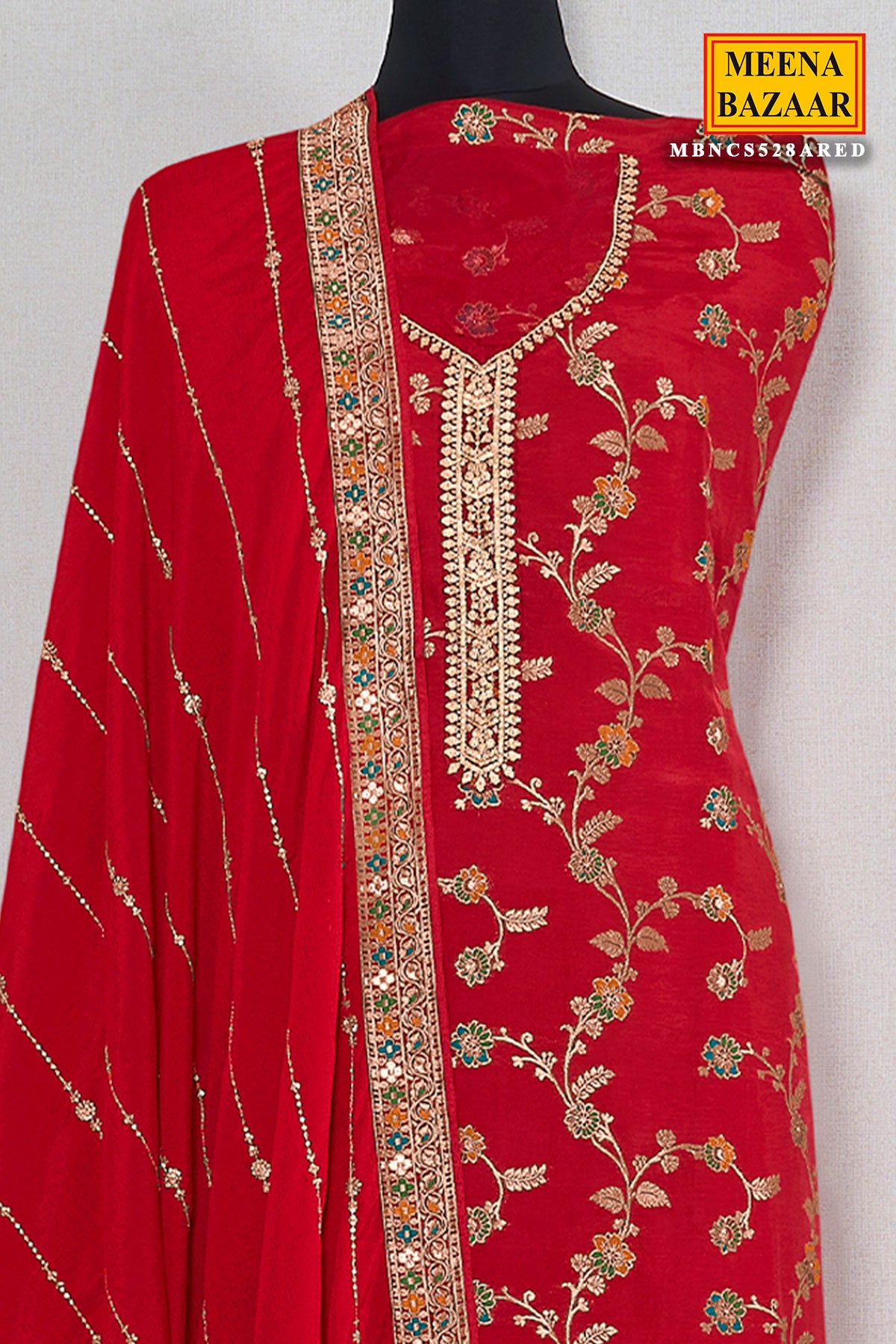 Red Dola Silk Zari Neck Embroidered Suit Set