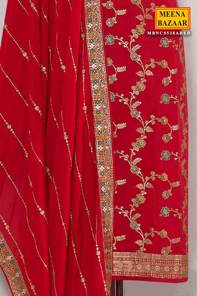 Red Dola Silk Zari Neck Embroidered Suit Set