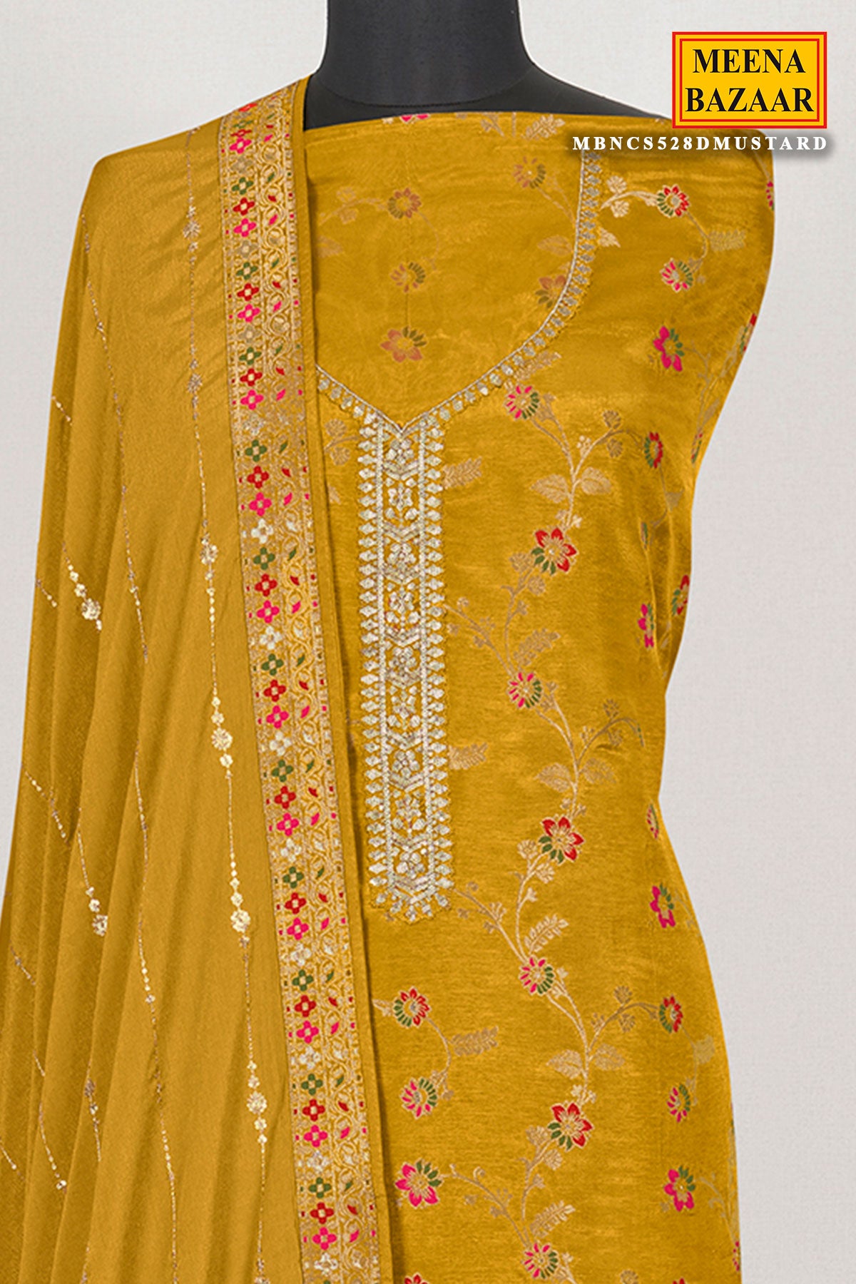 Mustard Dola Silk  Zari Neck Embroidered Suit Set