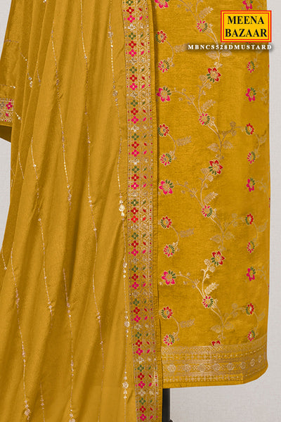 Mustard Dola Silk  Zari Neck Embroidered Suit Set