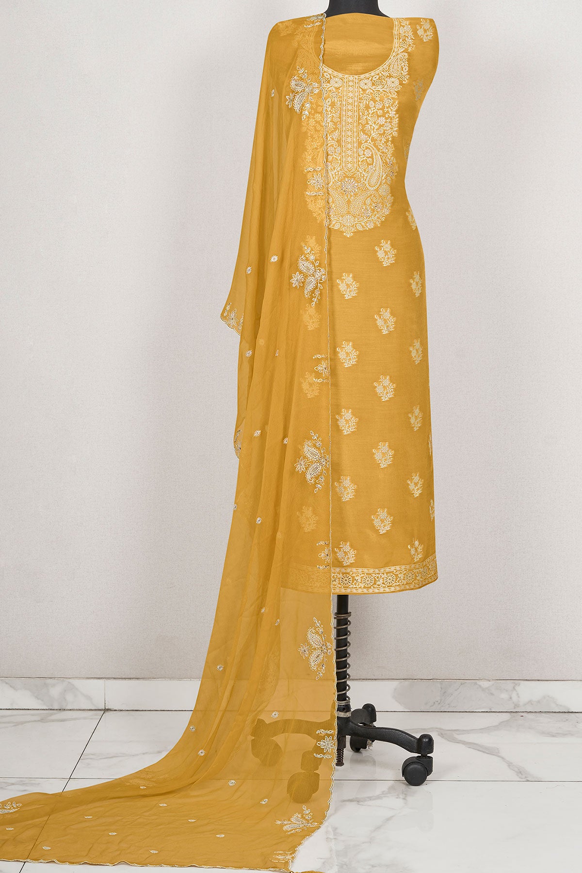 Mustard Muslin Thread Embroidered Suit