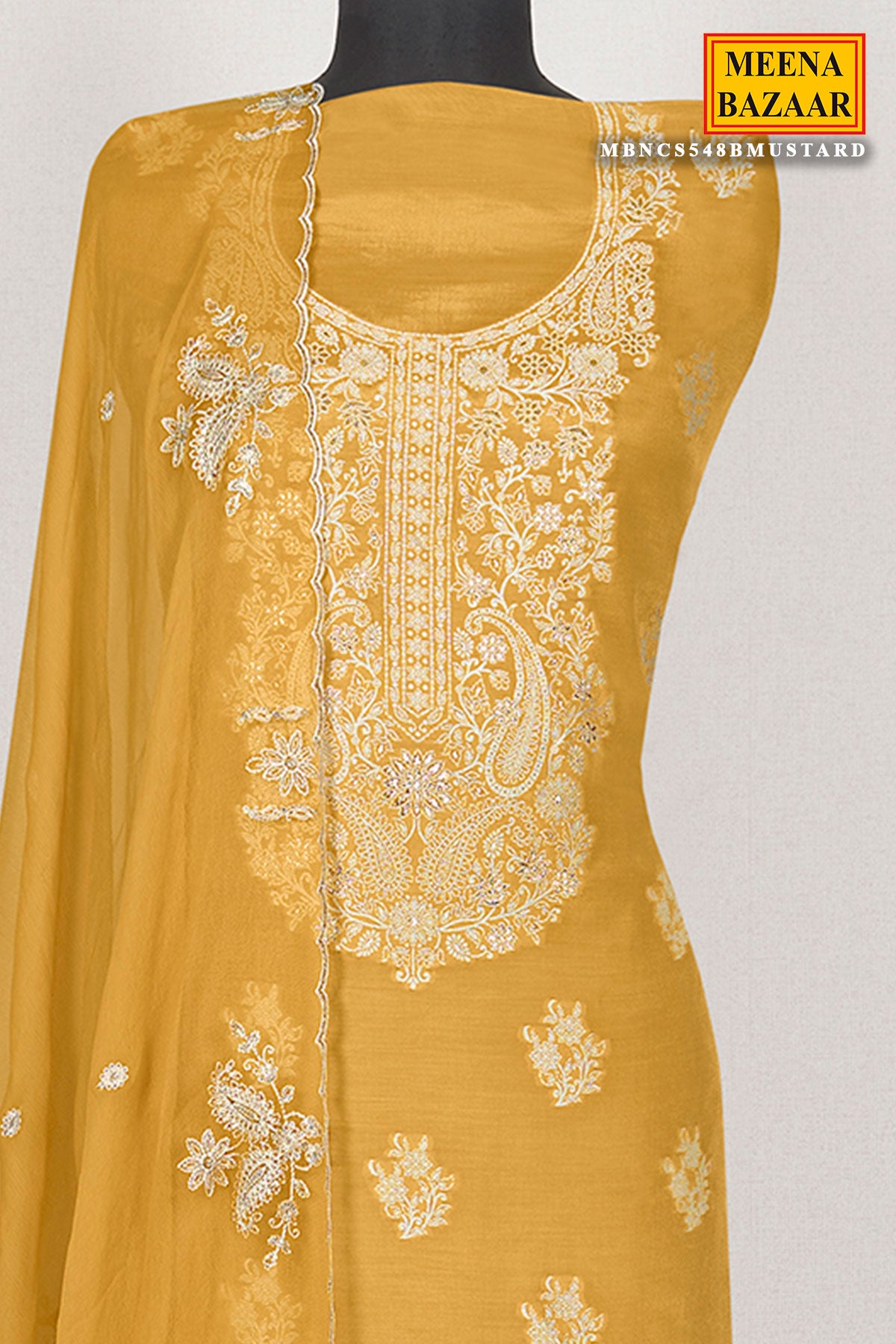 Mustard Muslin Thread Embroidered Suit