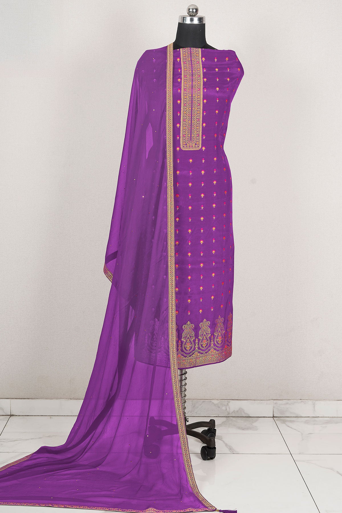 Midnight Purple Muslin Jacquard Weaving Embroidered Suit Set