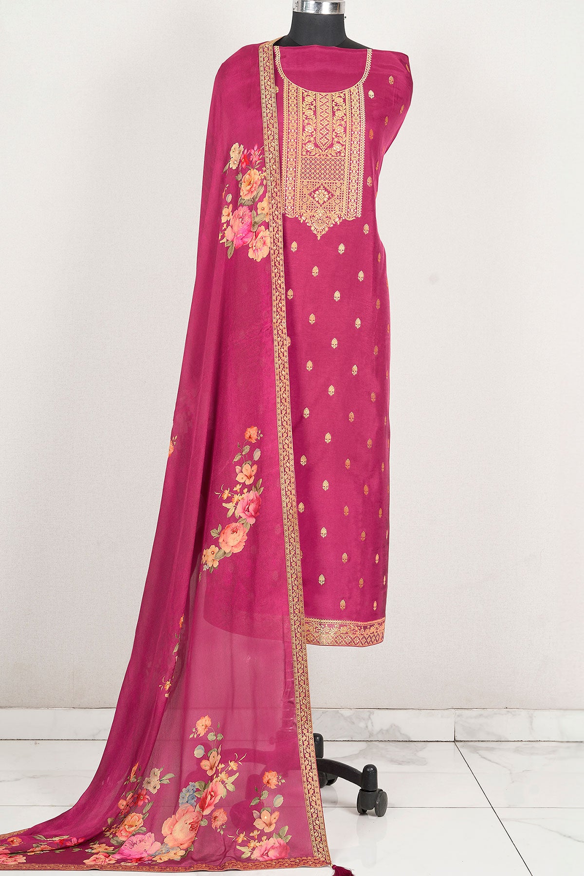 Onion Pink Dola Silk Jacquard Zari Embroidered Yoke Suit Set