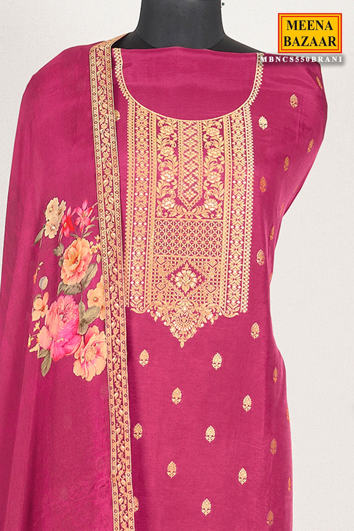 Onion Pink Dola Silk Jacquard Zari Embroidered Yoke Suit Set