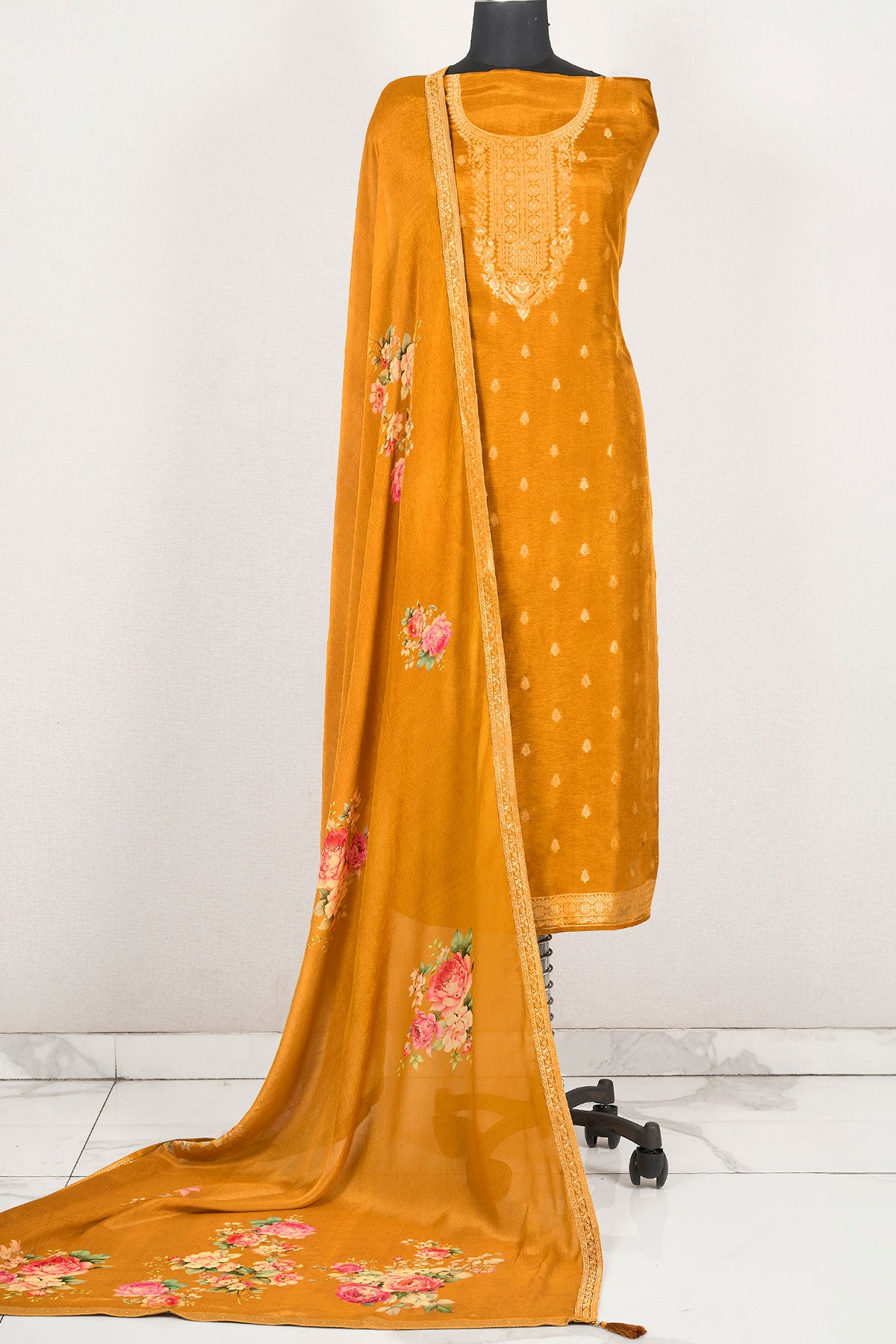 Mustard Dola Silk Jacquard Zari Embroidered Yoke Suit Set