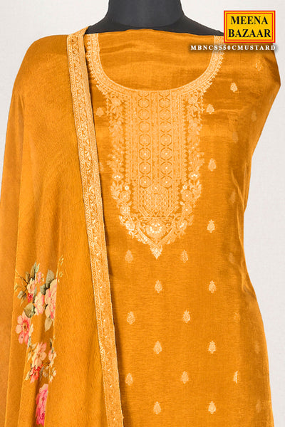 Mustard Dola Silk Jacquard Zari Embroidered Yoke Suit Set