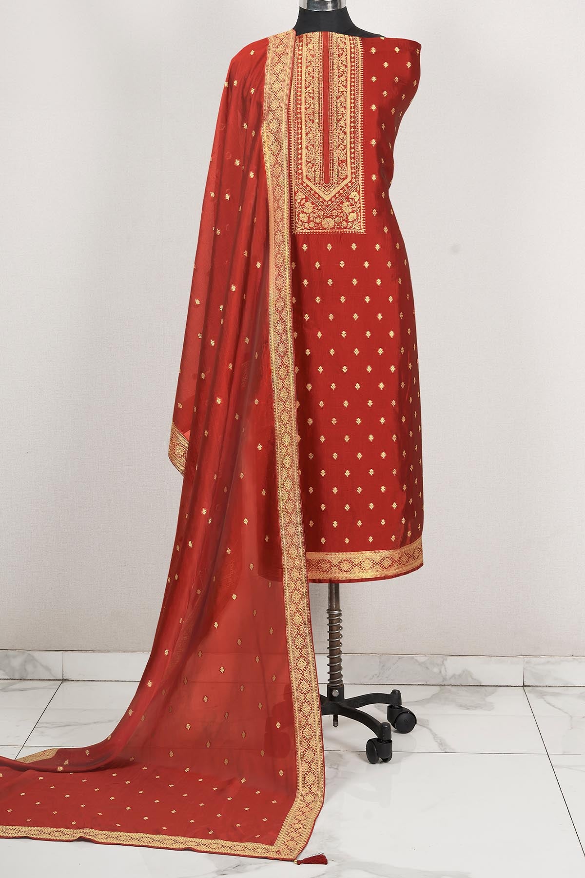 Maroon Jacquard Silk Zari Embroidered Suit Set