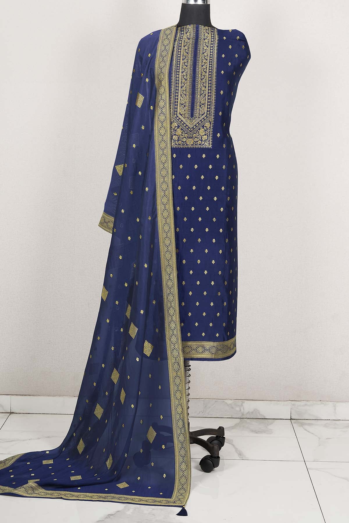 Navy Jacquard Silk Zari Embroidered Suit Set