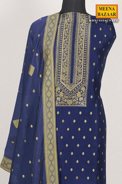 Navy Jacquard Silk Zari Embroidered Suit Set