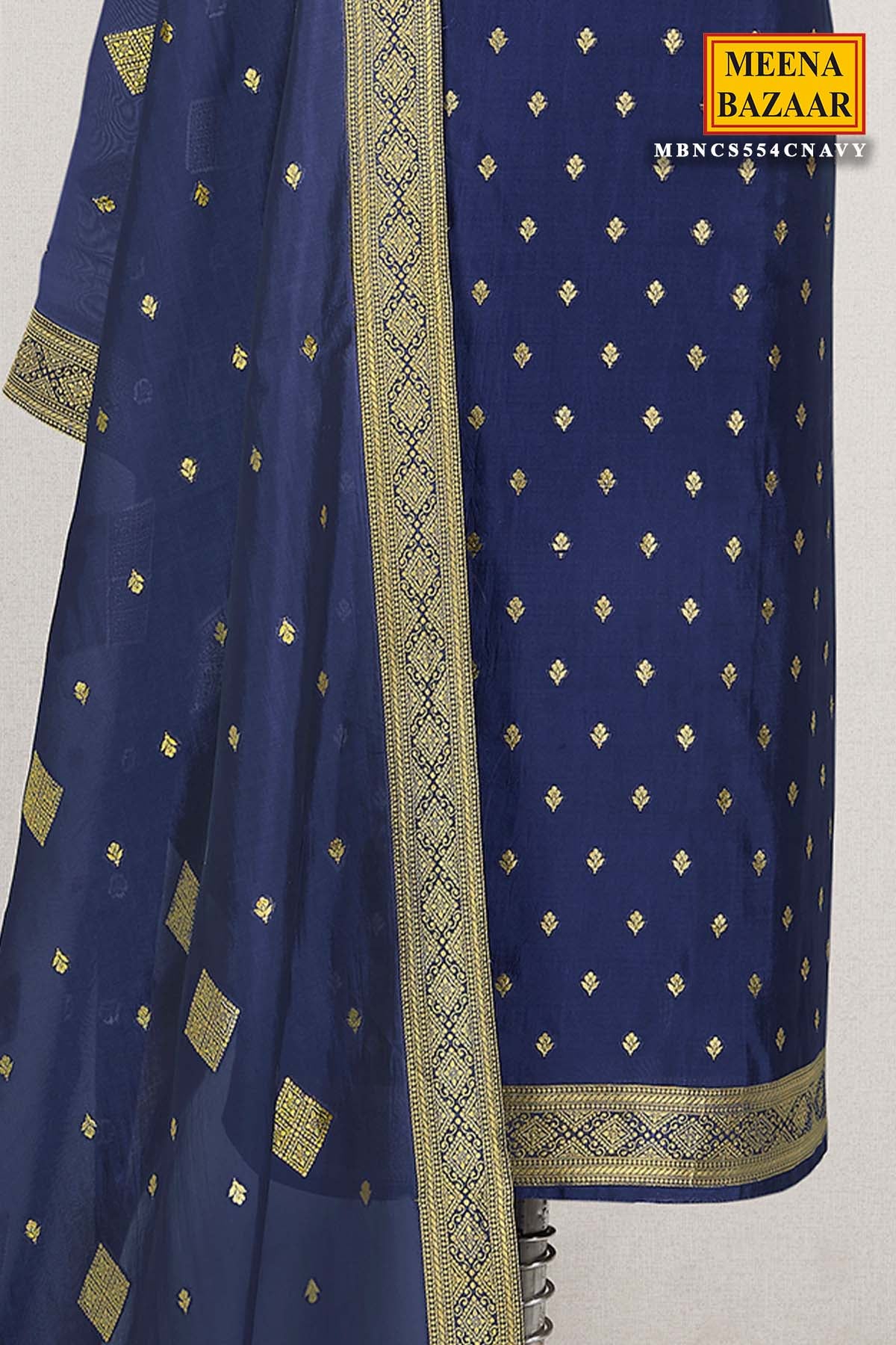 Navy Jacquard Silk Zari Embroidered Suit Set