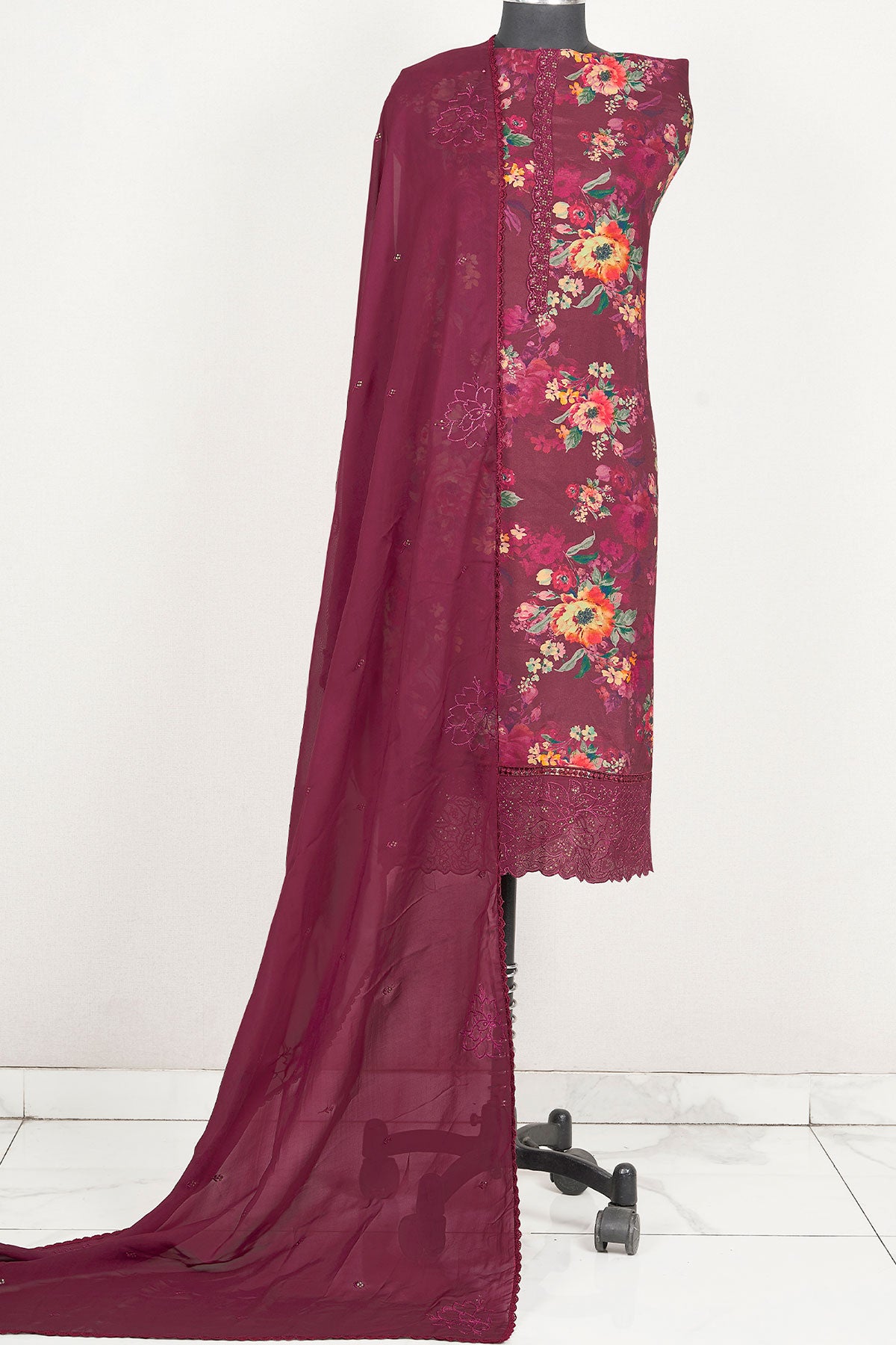 Maroon Modal Cotton Floral Printed Suit