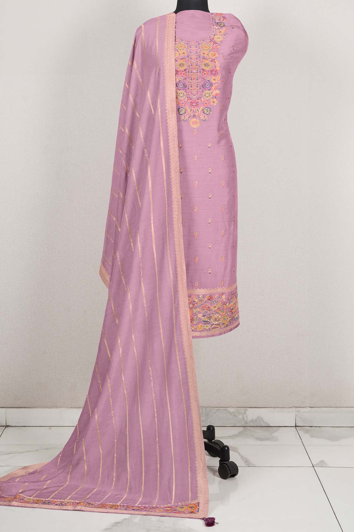 Mauve Muslin Meenakari Printed Unstitched Suit Set