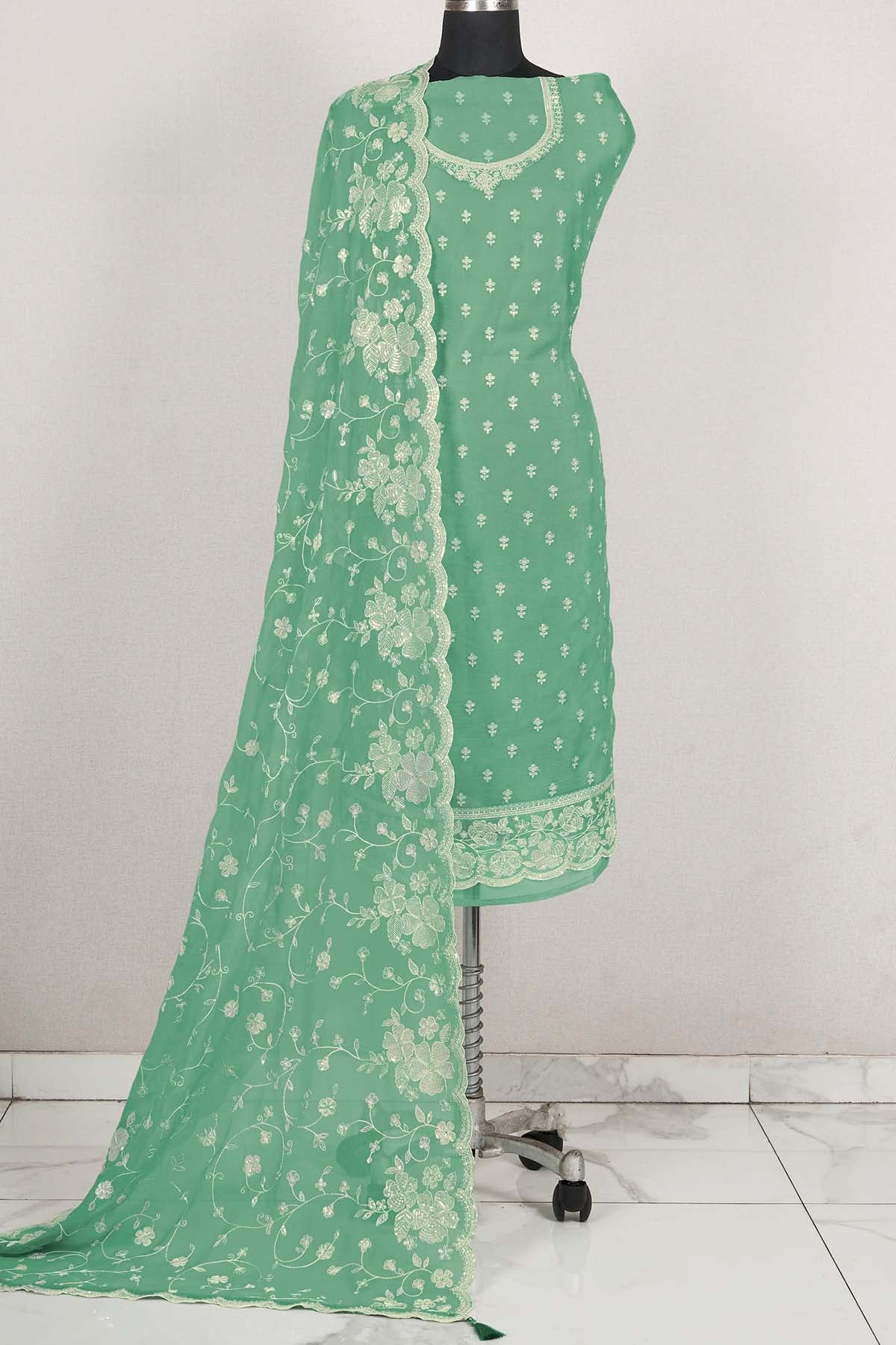 Sea Green Chiffon Silk Thread Embroidered Suit Set