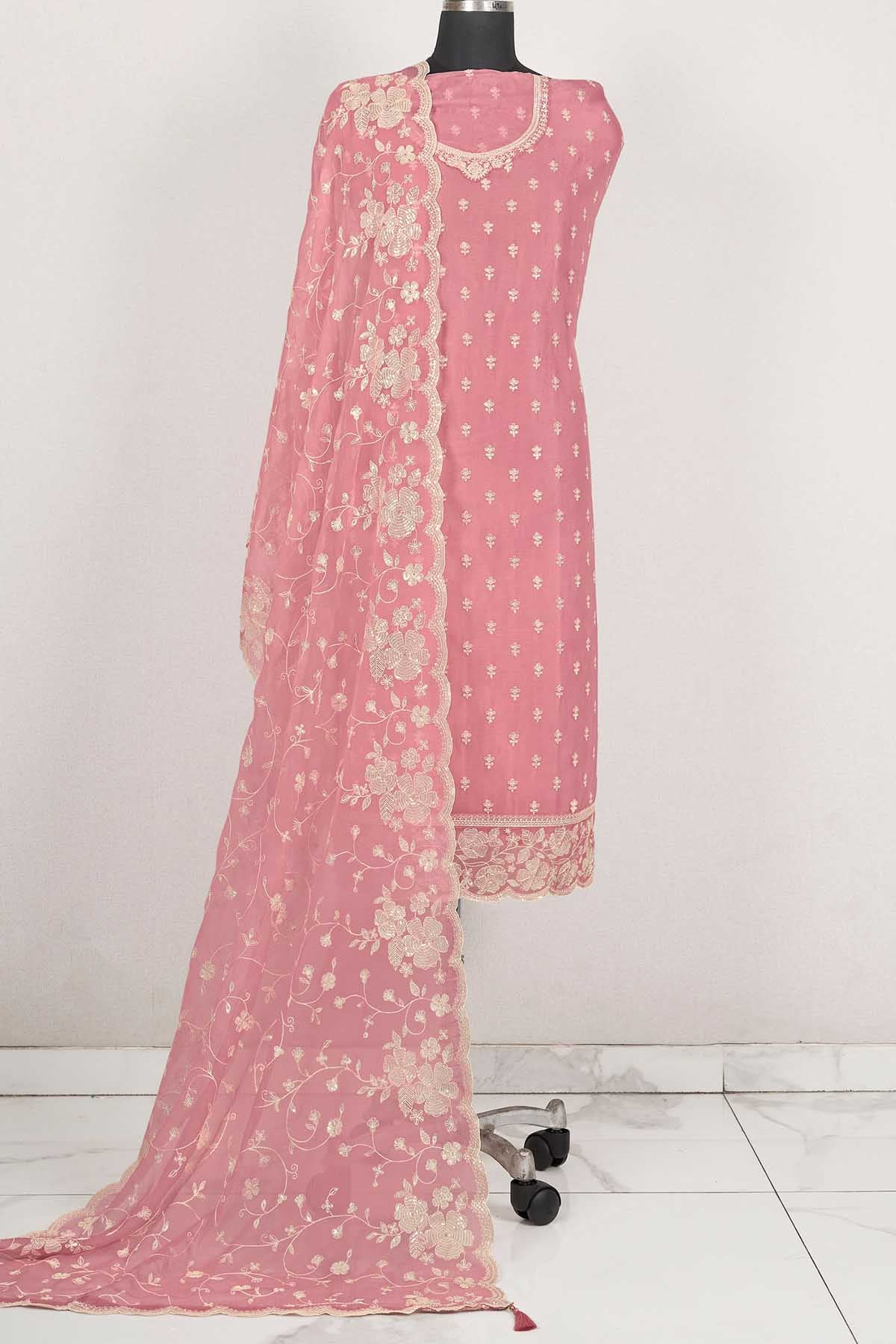 Pink Chiffon Silk Thread Embroidered Unstitched Suit Set