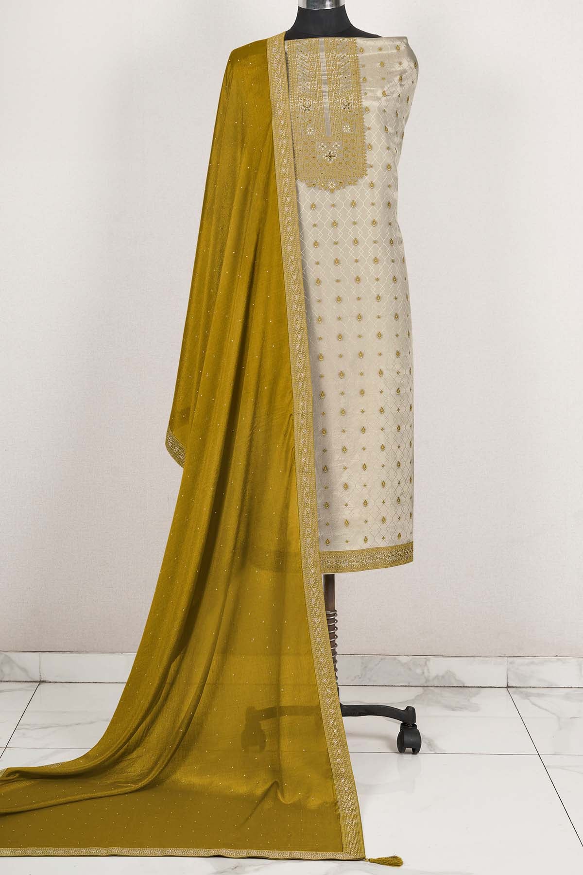 Tussar and Mustard Blended Silk Zari Sequin Embroidered Suit Set