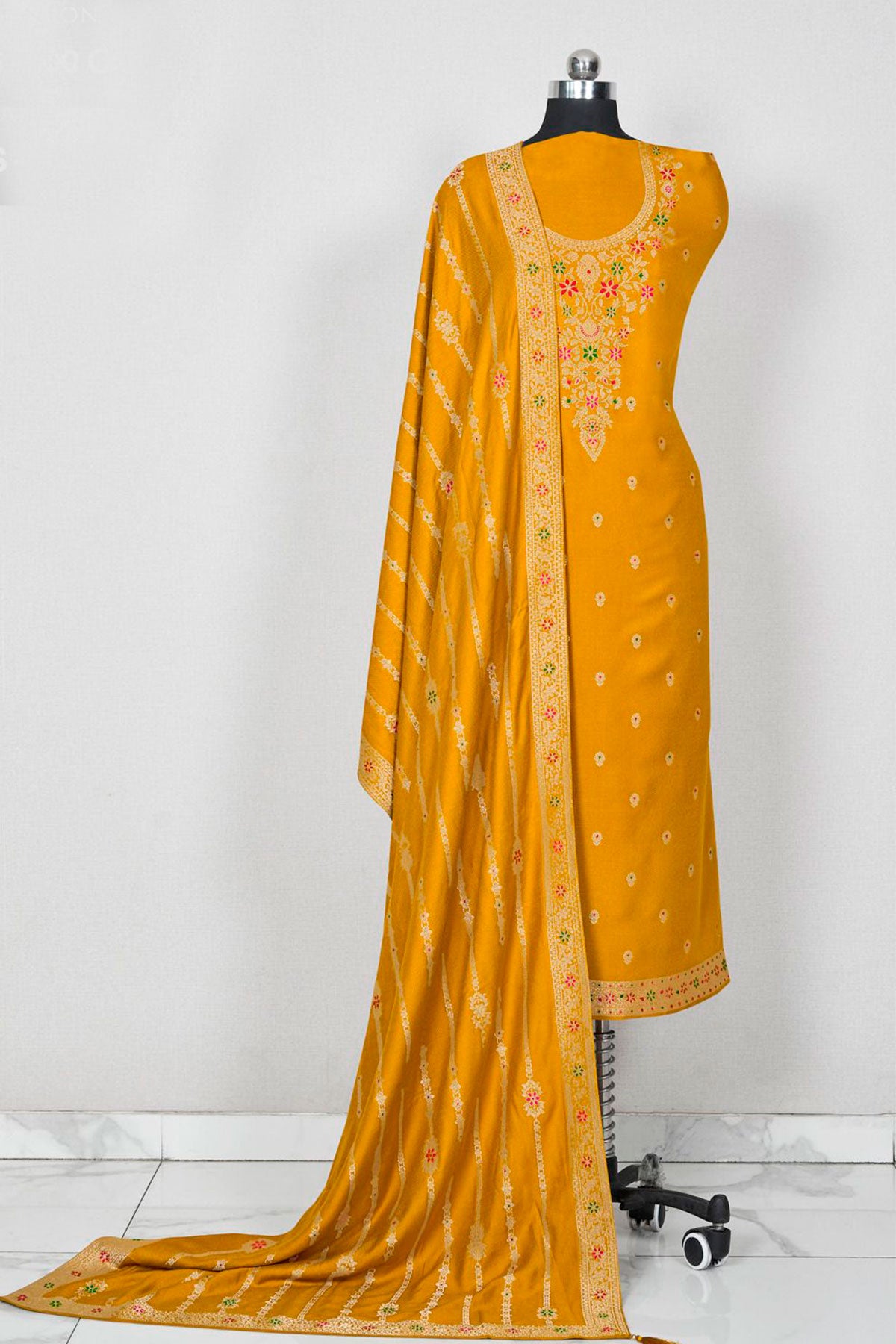 Mustard Pashmina Zari Woven Embroidered Unstitched Suit Set