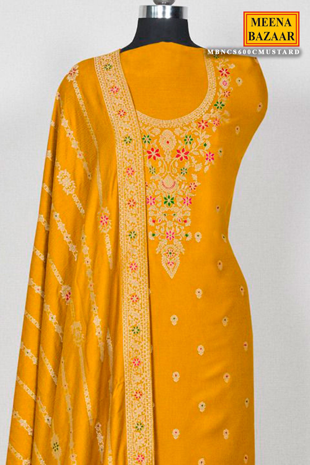 Mustard Pashmina Zari Woven Embroidered Unstitched Suit Set