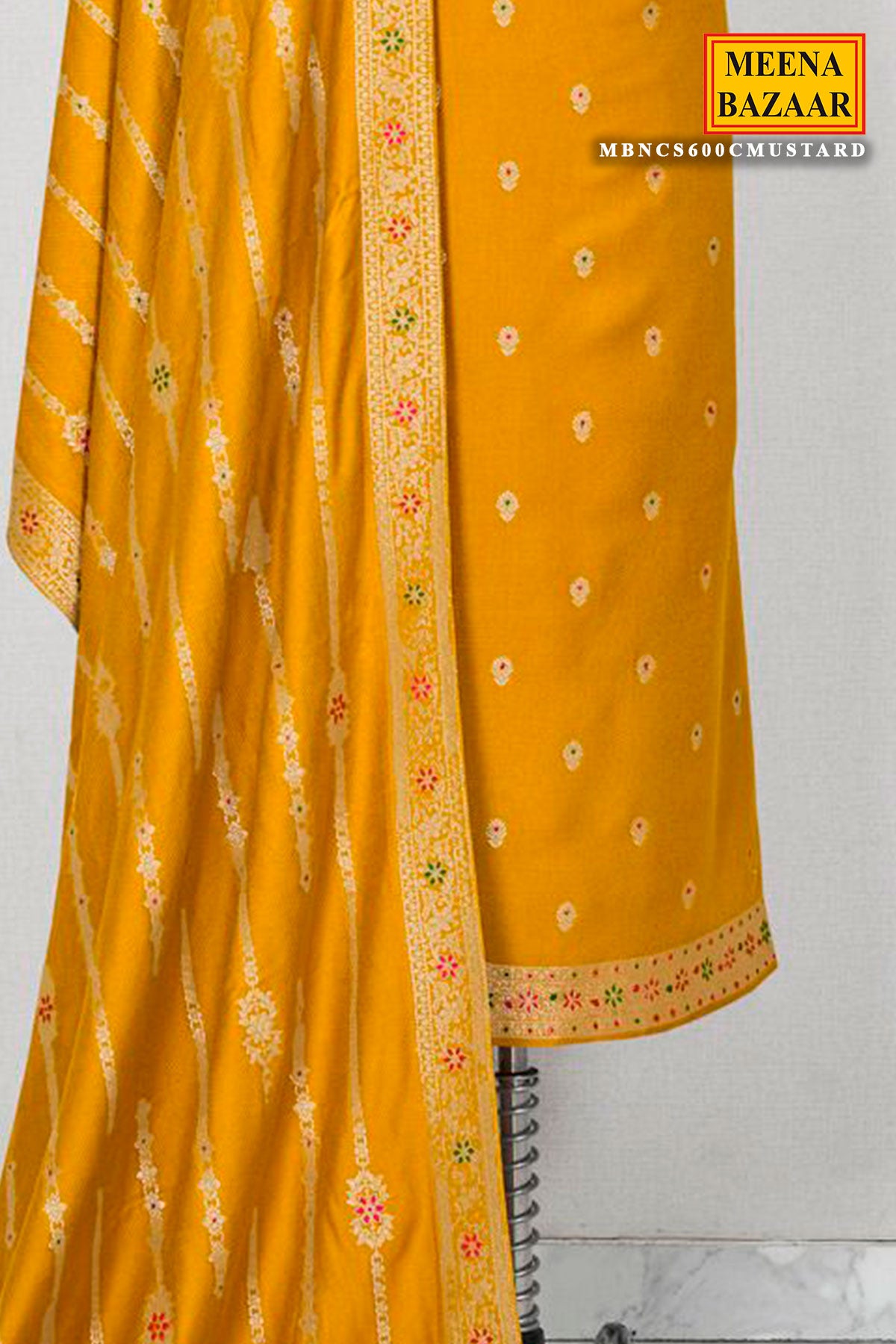 Mustard Pashmina Zari Woven Embroidered Unstitched Suit Set