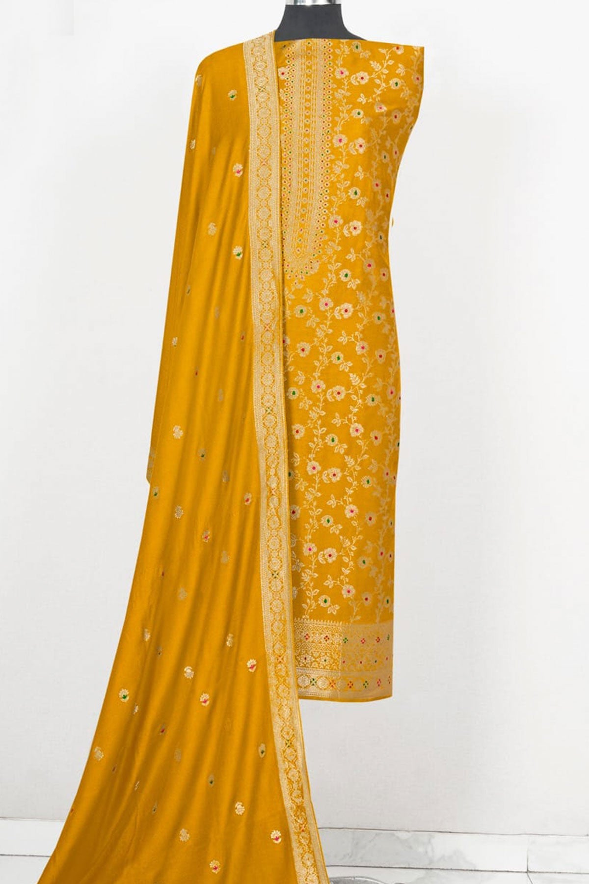 Mustard Pashmina Zari Woven Floral Embroidered Unstitched Suit Set