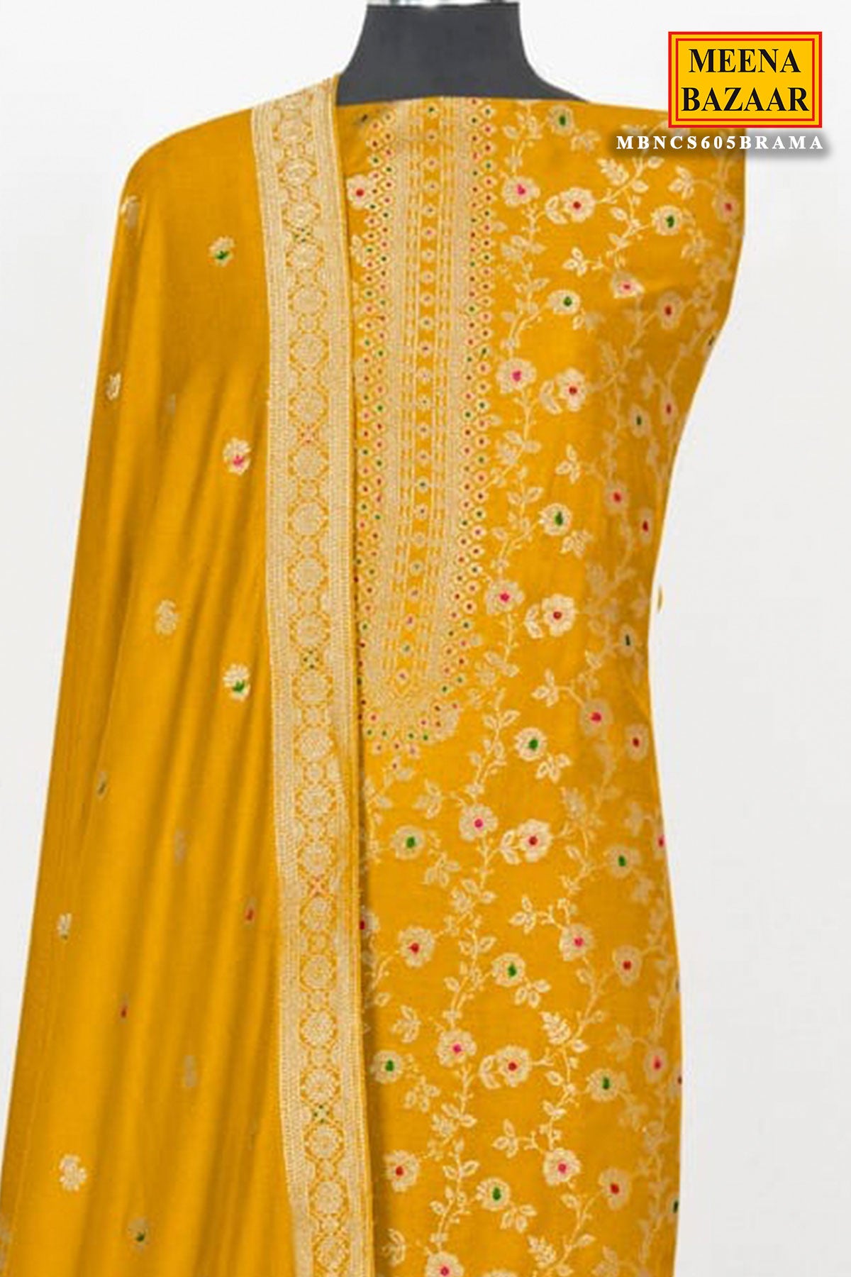 Mustard Pashmina Zari Woven Floral Embroidered Unstitched Suit Set