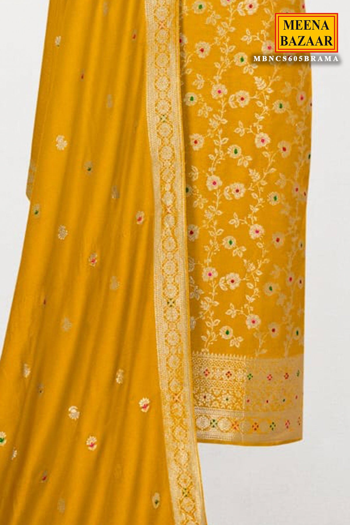 Mustard Pashmina Zari Woven Floral Embroidered Unstitched Suit Set