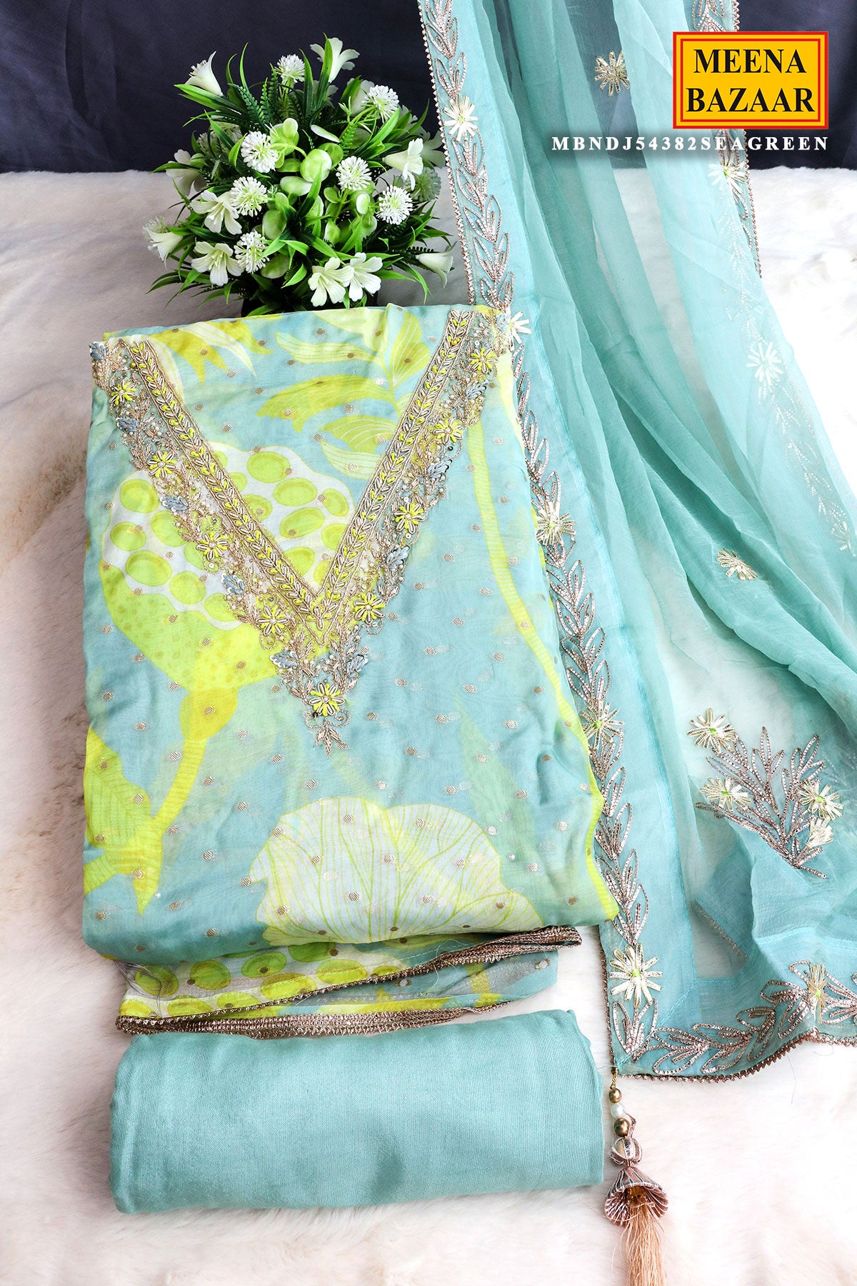 Sea Green Georgette Floral Printed Pearl Embroidered Suit Set