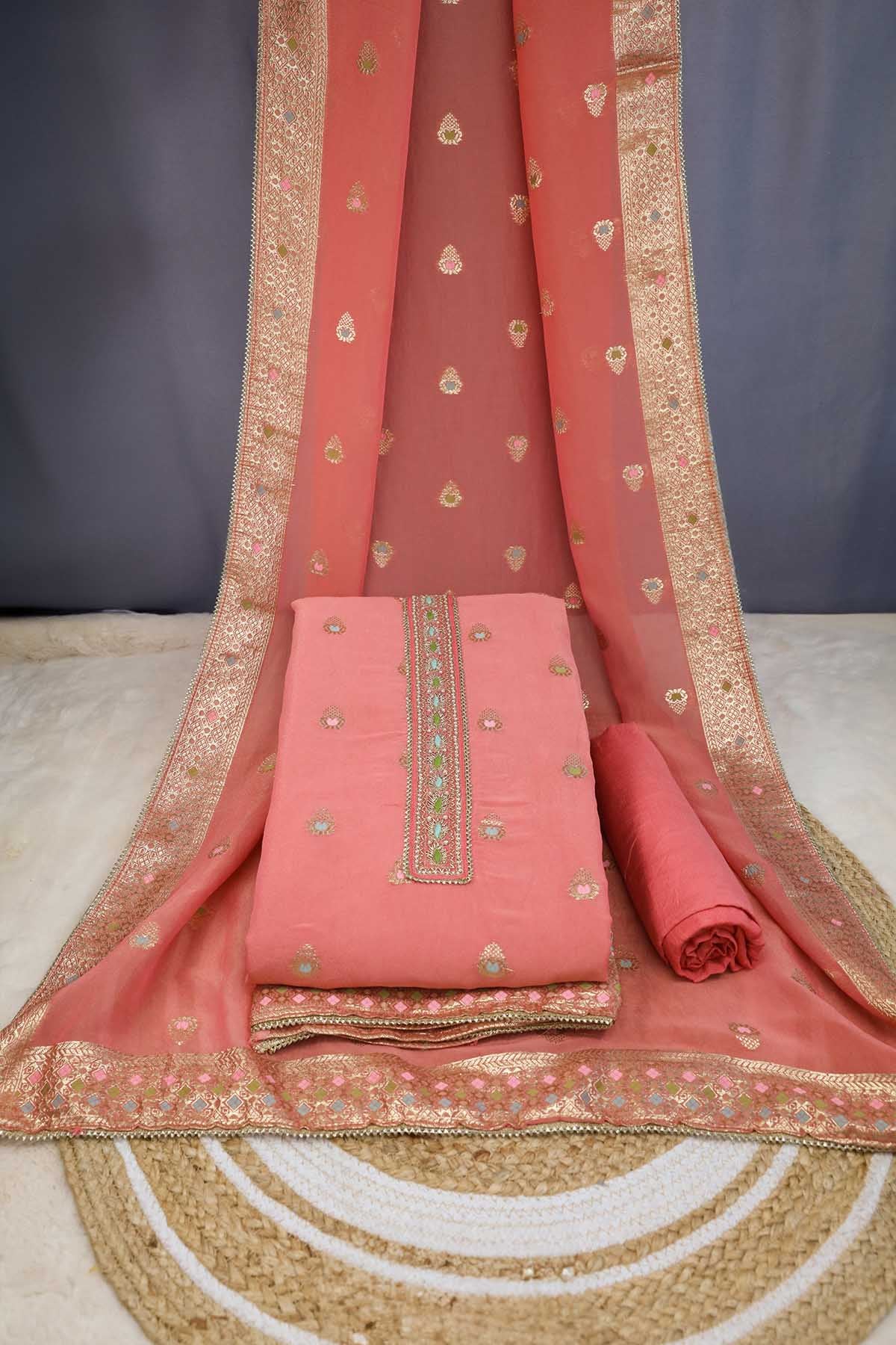 Gajari Georgette Suit Set with Pearl, Zari Embroidered Neck